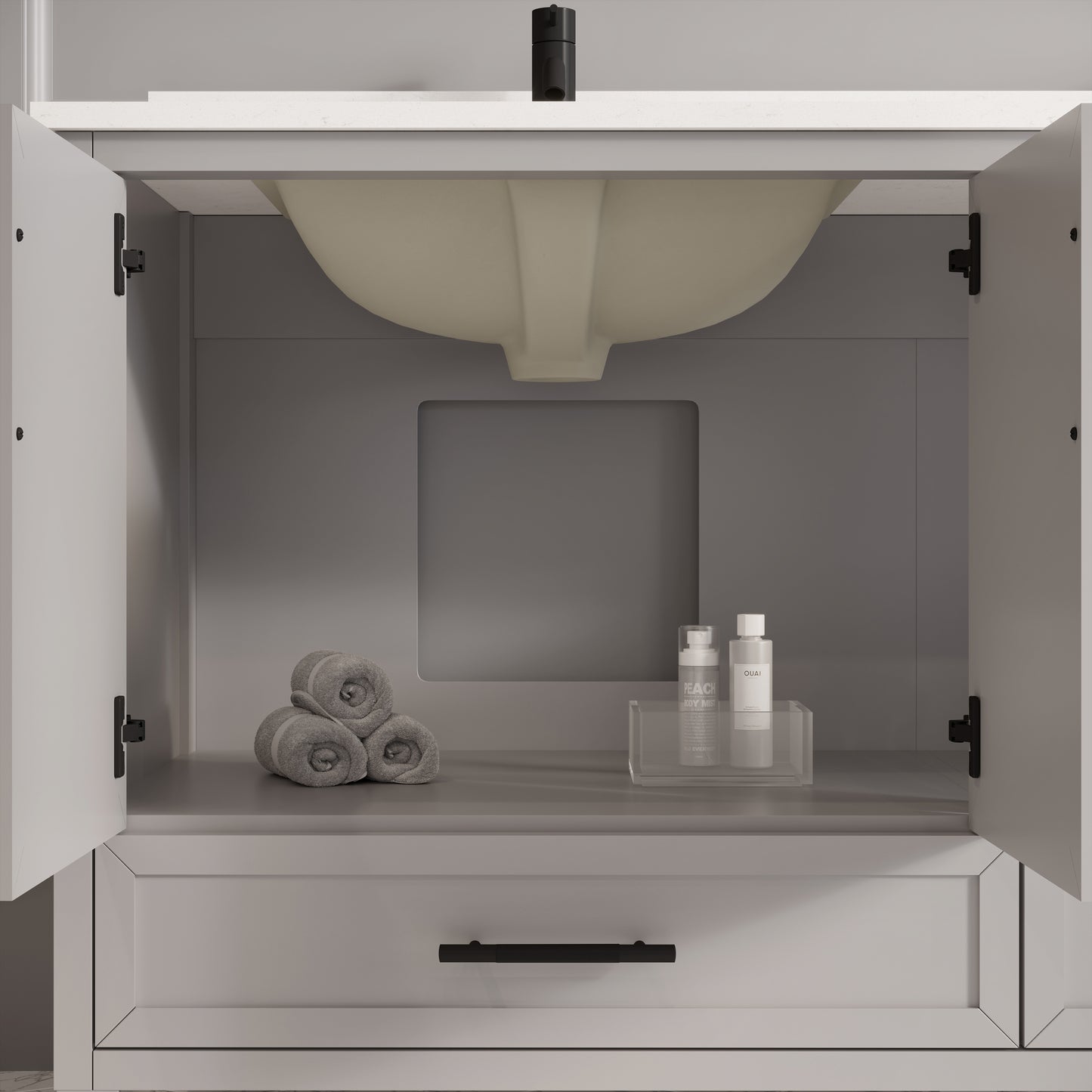Houston II Bathroom Vanity with Stealth Organizer, Solid Wood Bathroom Cabinet with Engineered Stone Countertop & Backsplash, Soft Closing Door & Drawer, Pre-Assembled