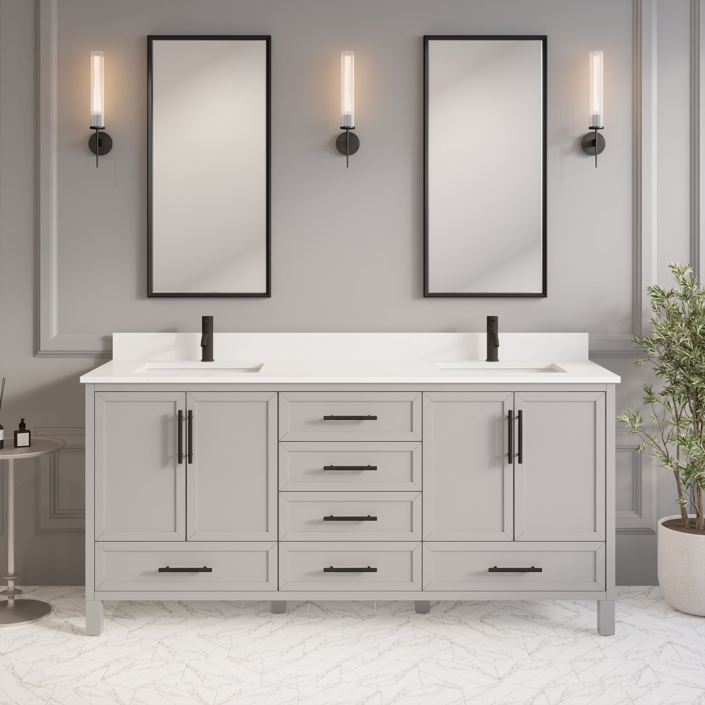 Houston II Bathroom Vanity with Stealth Organizer, Solid Wood Bathroom Cabinet with Engineered Stone Countertop & Backsplash, Soft Closing Door & Drawer, Pre-Assembled