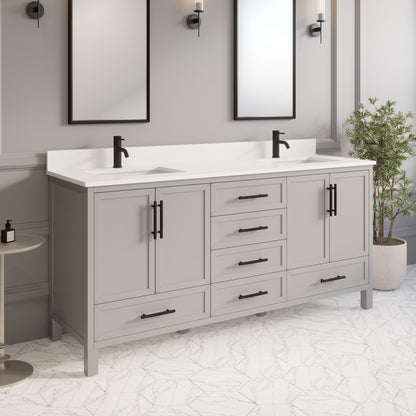 Houston II Bathroom Vanity with Stealth Organizer, Solid Wood Bathroom Cabinet with Engineered Stone Countertop & Backsplash, Soft Closing Door & Drawer, Pre-Assembled