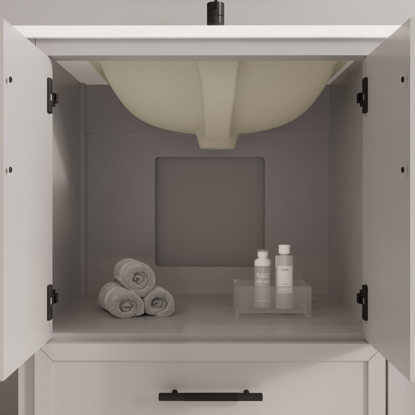 Houston II Bathroom Vanity with Stealth Organizer, Solid Wood Bathroom Cabinet with Engineered Stone Countertop & Backsplash, Soft Closing Door & Drawer, Pre-Assembled