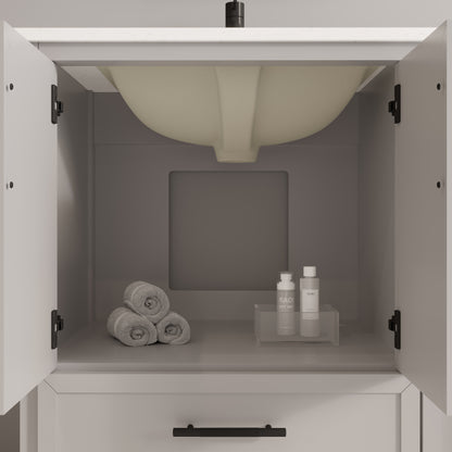 Houston II Bathroom Vanity with Stealth Organizer, Solid Wood Bathroom Cabinet with Engineered Stone Countertop & Backsplash, Soft Closing Door & Drawer, Pre-Assembled