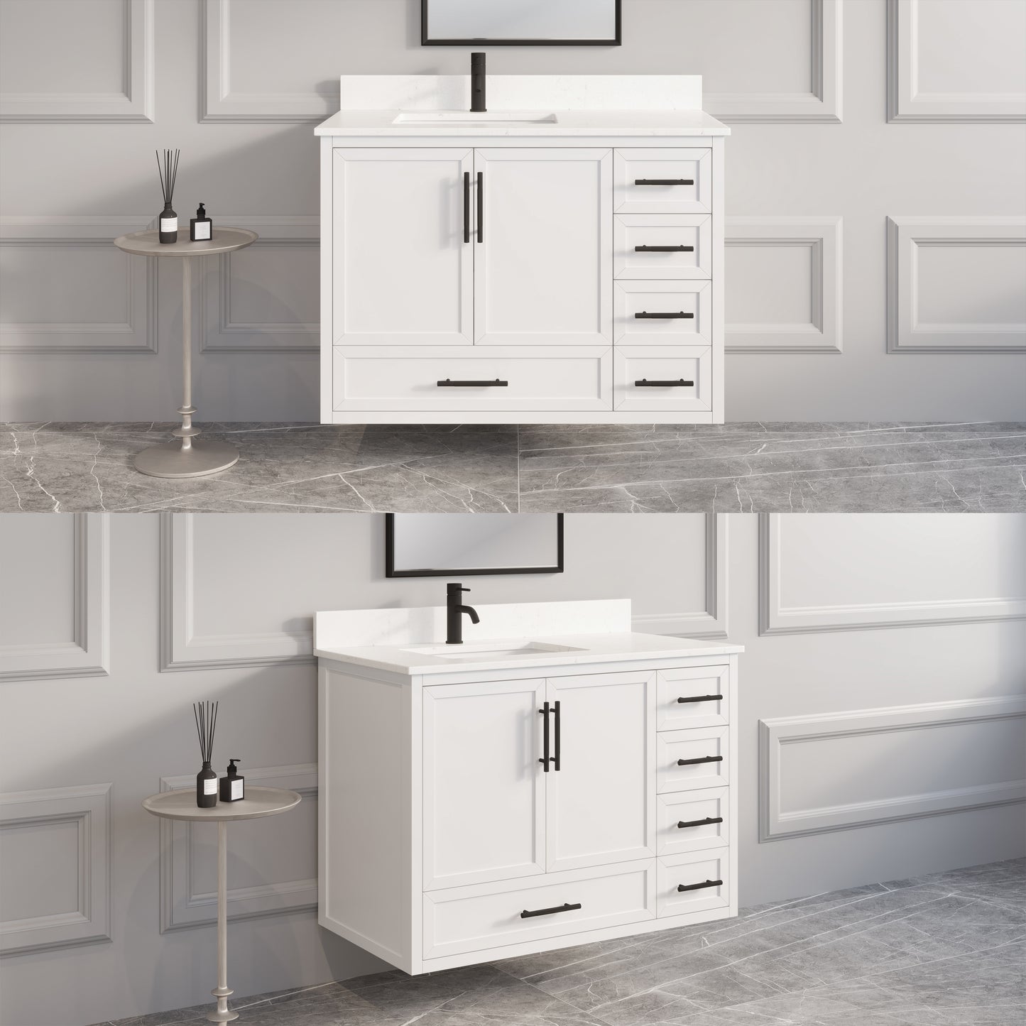 Houston II Bathroom Vanity with Stealth Organizer, Solid Wood Bathroom Cabinet with Engineered Stone Countertop & Backsplash, Soft Closing Door & Drawer, Pre-Assembled