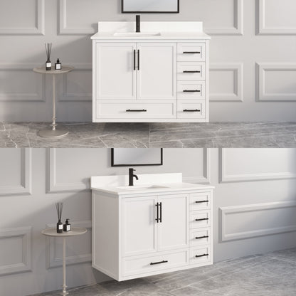 Houston II Bathroom Vanity with Stealth Organizer, Solid Wood Bathroom Cabinet with Engineered Stone Countertop & Backsplash, Soft Closing Door & Drawer, Pre-Assembled