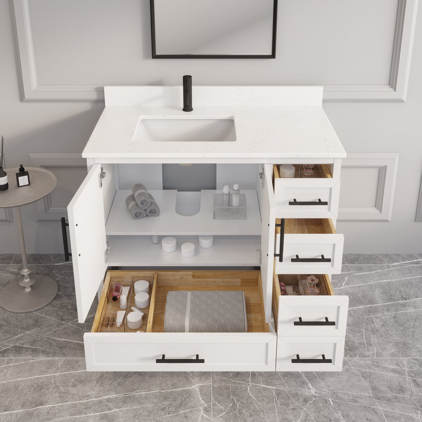 Houston II Bathroom Vanity with Stealth Organizer, Solid Wood Bathroom Cabinet with Engineered Stone Countertop & Backsplash, Soft Closing Door & Drawer, Pre-Assembled