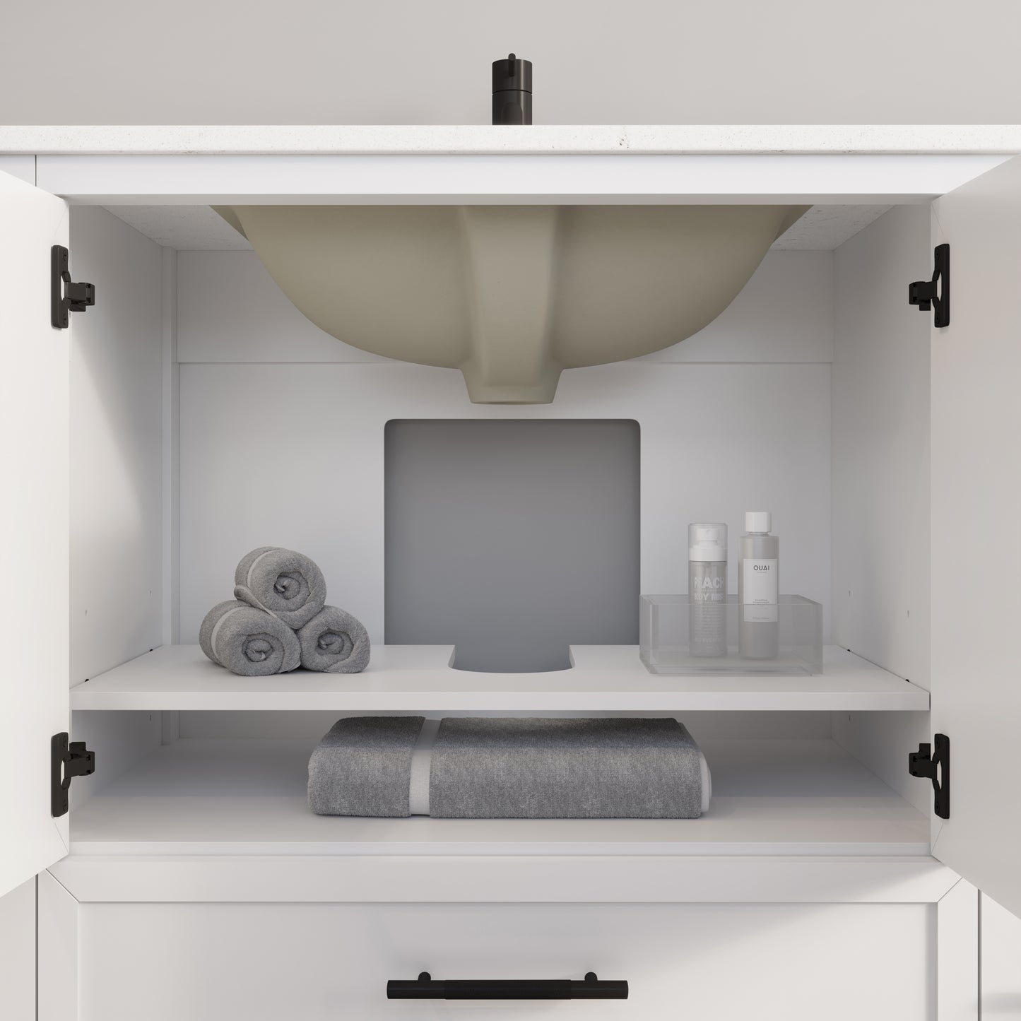 Houston II Bathroom Vanity with Stealth Organizer, Solid Wood Bathroom Cabinet with Engineered Stone Countertop & Backsplash, Soft Closing Door & Drawer, Pre-Assembled