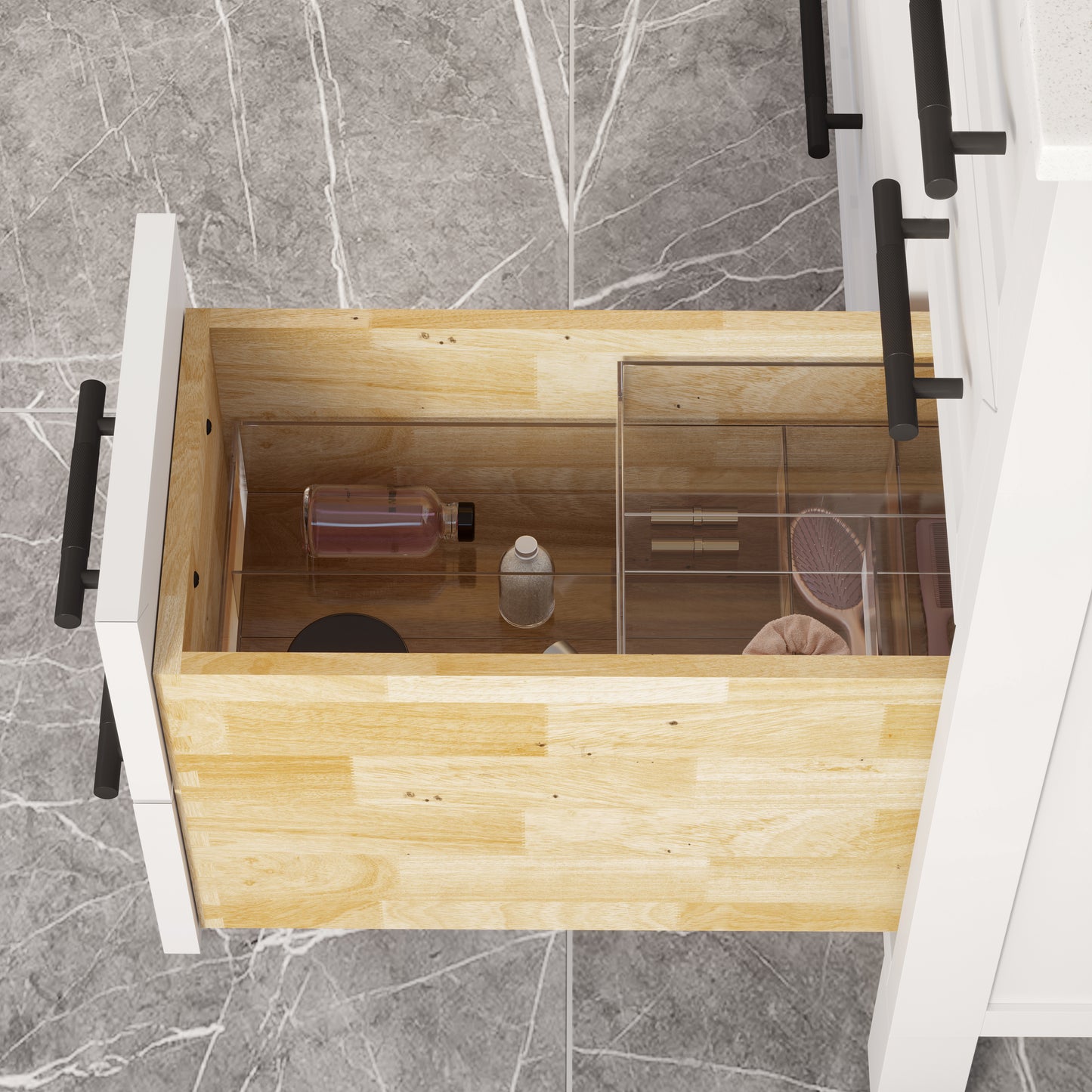 Houston II Bathroom Vanity with Stealth Organizer, Solid Wood Bathroom Cabinet with Engineered Stone Countertop & Backsplash, Soft Closing Door & Drawer, Pre-Assembled