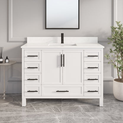 Houston II Bathroom Vanity with Stealth Organizer, Solid Wood Bathroom Cabinet with Engineered Stone Countertop & Backsplash, Soft Closing Door & Drawer, Pre-Assembled