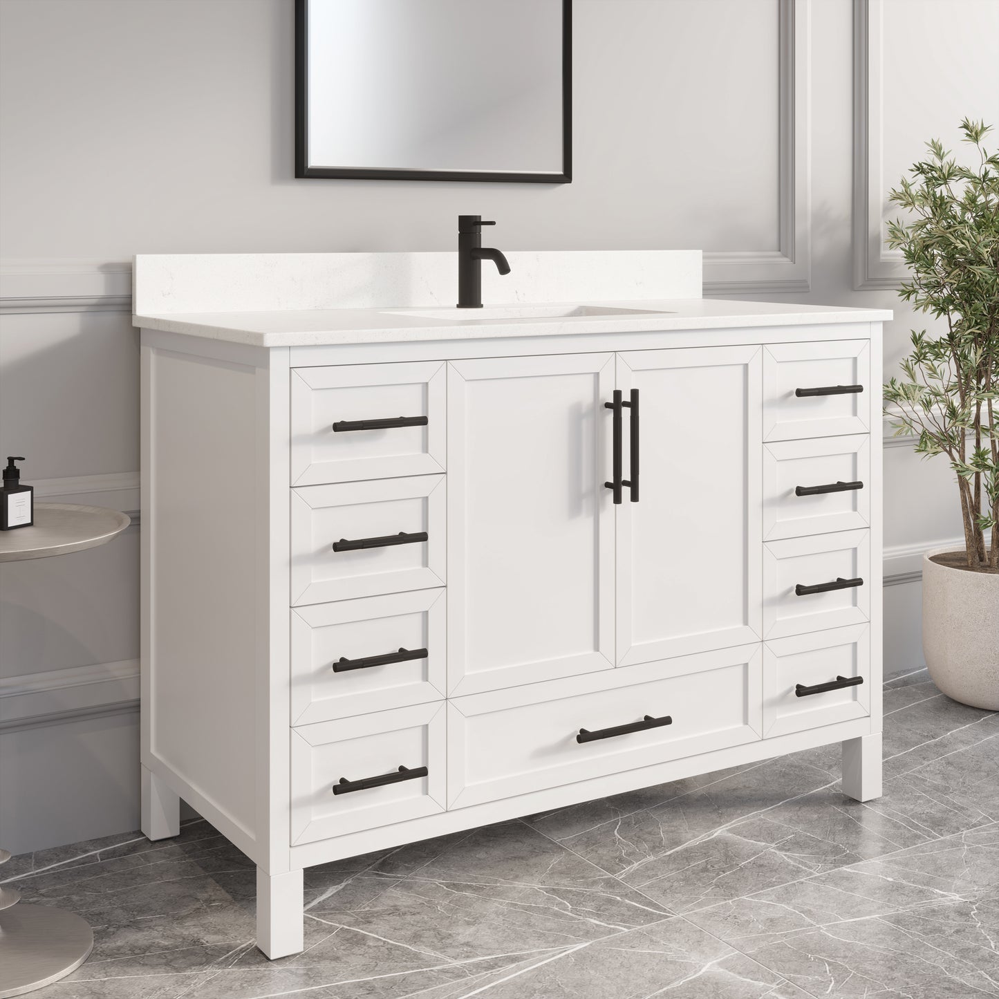 Houston II Bathroom Vanity with Stealth Organizer, Solid Wood Bathroom Cabinet with Engineered Stone Countertop & Backsplash, Soft Closing Door & Drawer, Pre-Assembled