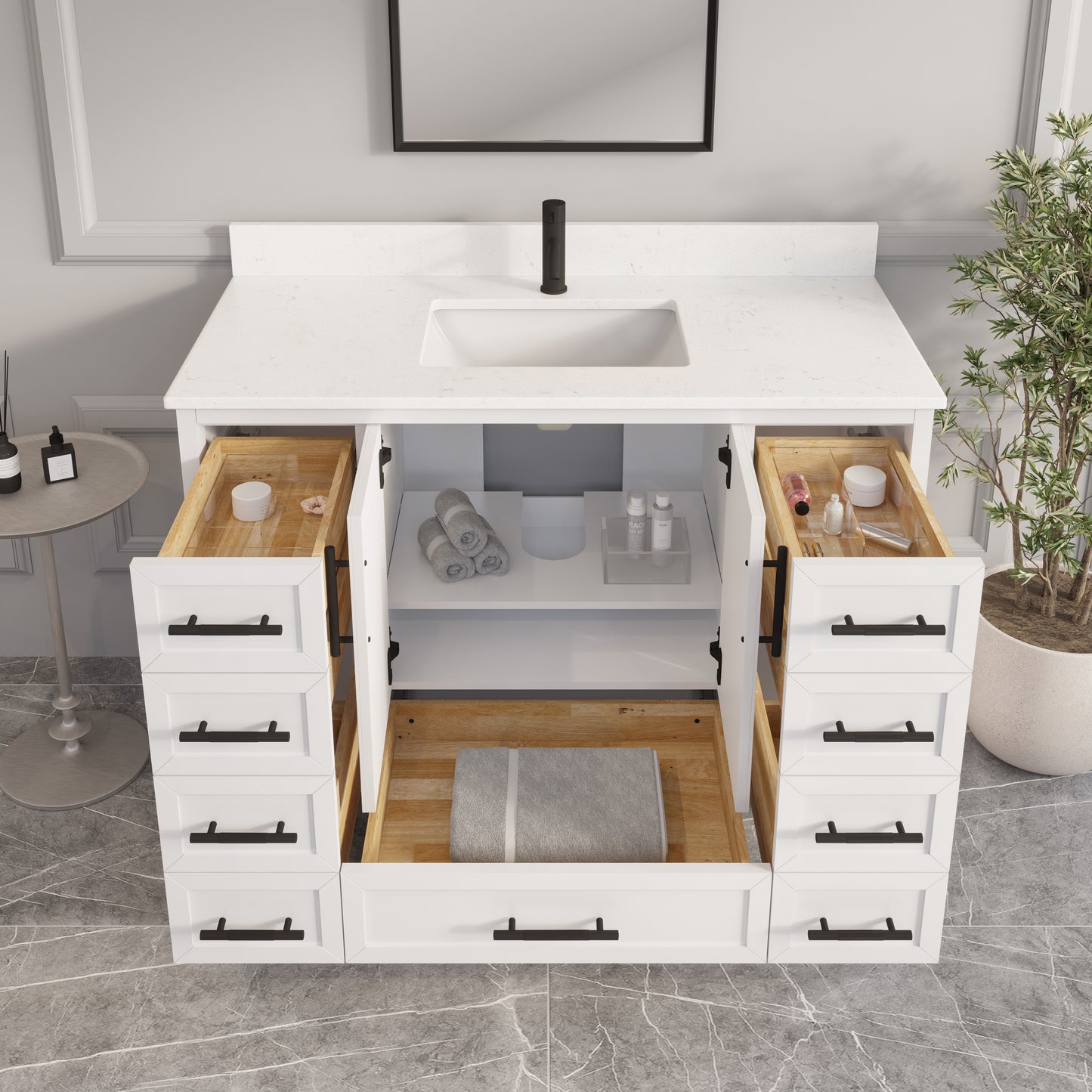 Houston II Bathroom Vanity with Stealth Organizer, Solid Wood Bathroom Cabinet with Engineered Stone Countertop & Backsplash, Soft Closing Door & Drawer, Pre-Assembled