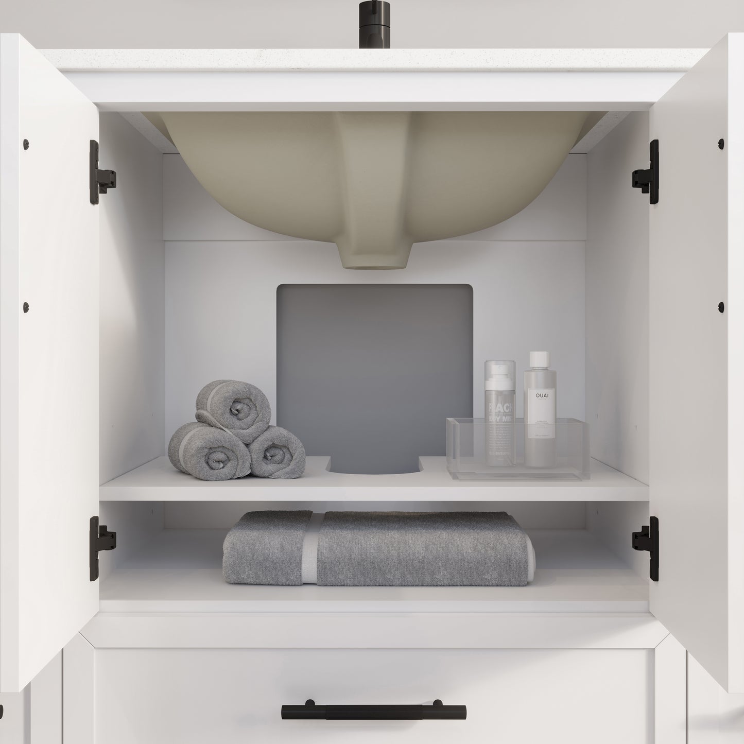 Houston II Bathroom Vanity with Stealth Organizer, Solid Wood Bathroom Cabinet with Engineered Stone Countertop & Backsplash, Soft Closing Door & Drawer, Pre-Assembled