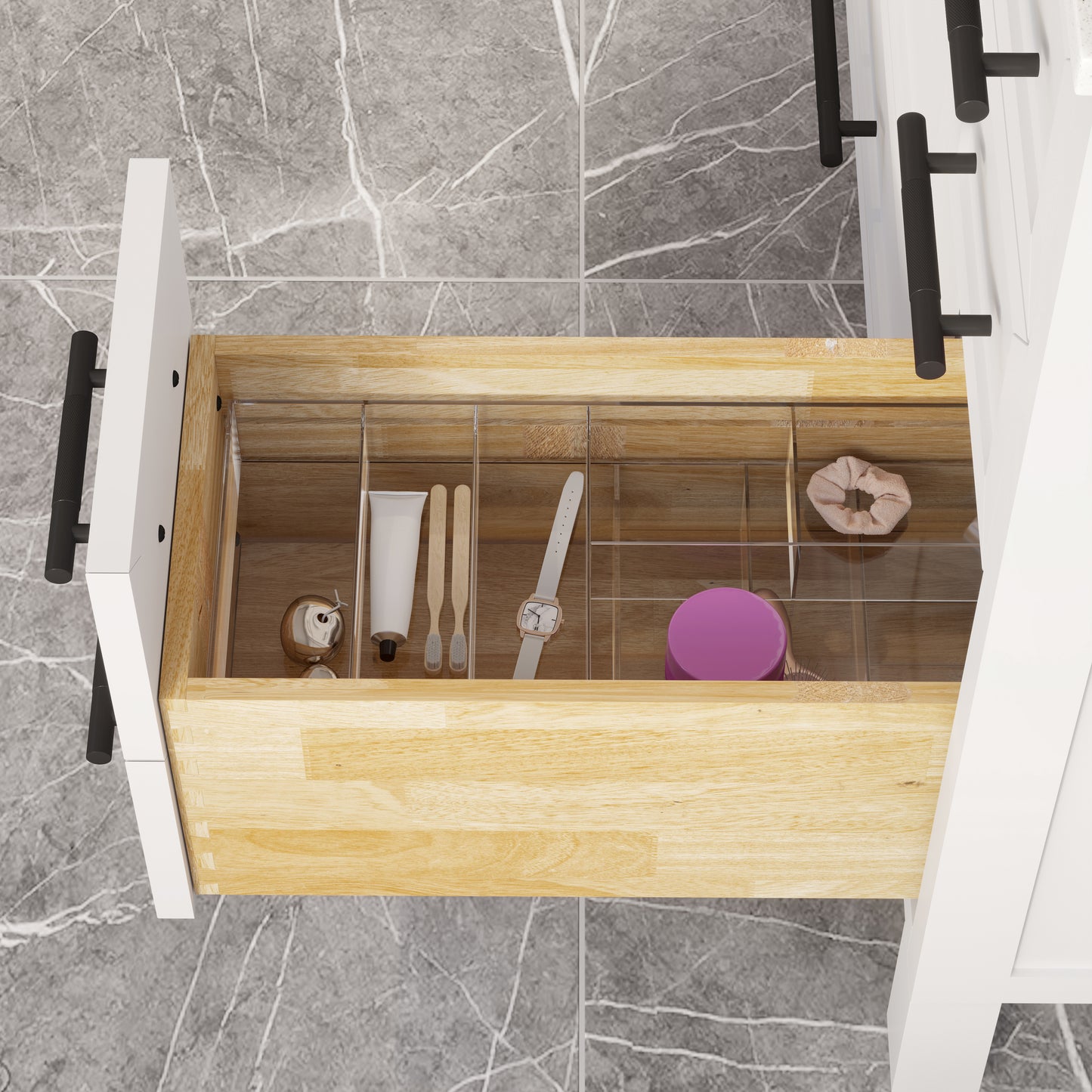 Houston II Bathroom Vanity with Stealth Organizer, Solid Wood Bathroom Cabinet with Engineered Stone Countertop & Backsplash, Soft Closing Door & Drawer, Pre-Assembled