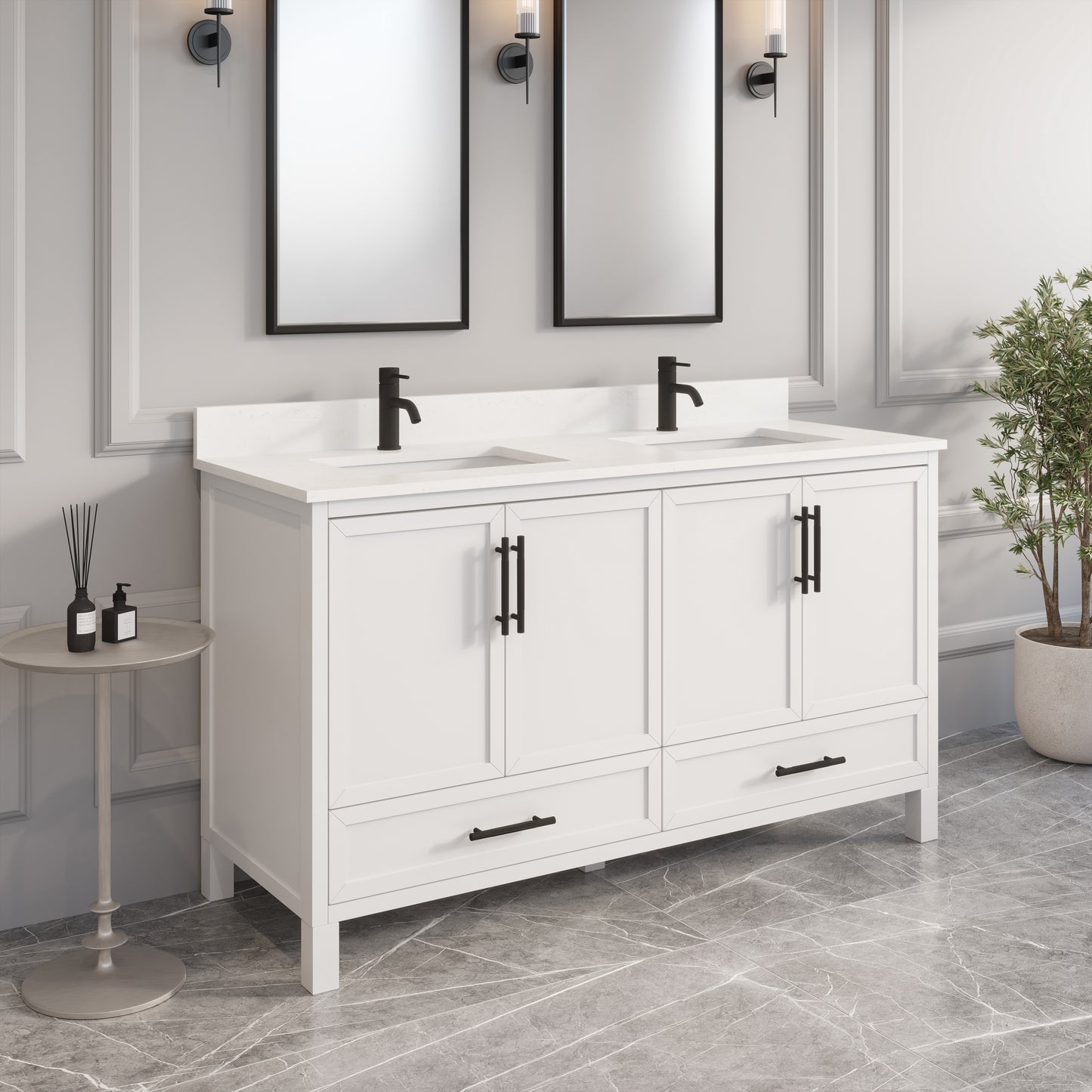 Houston II Bathroom Vanity with Stealth Organizer, Solid Wood Bathroom Cabinet with Engineered Stone Countertop & Backsplash, Soft Closing Door & Drawer, Pre-Assembled