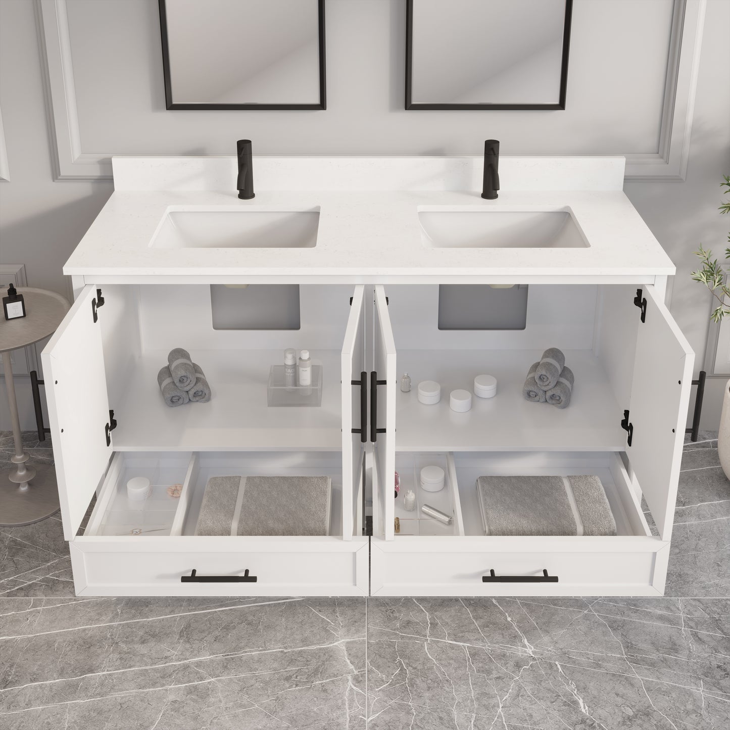 Houston II Bathroom Vanity with Stealth Organizer, Solid Wood Bathroom Cabinet with Engineered Stone Countertop & Backsplash, Soft Closing Door & Drawer, Pre-Assembled