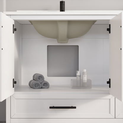 Houston II Bathroom Vanity with Stealth Organizer, Solid Wood Bathroom Cabinet with Engineered Stone Countertop & Backsplash, Soft Closing Door & Drawer, Pre-Assembled