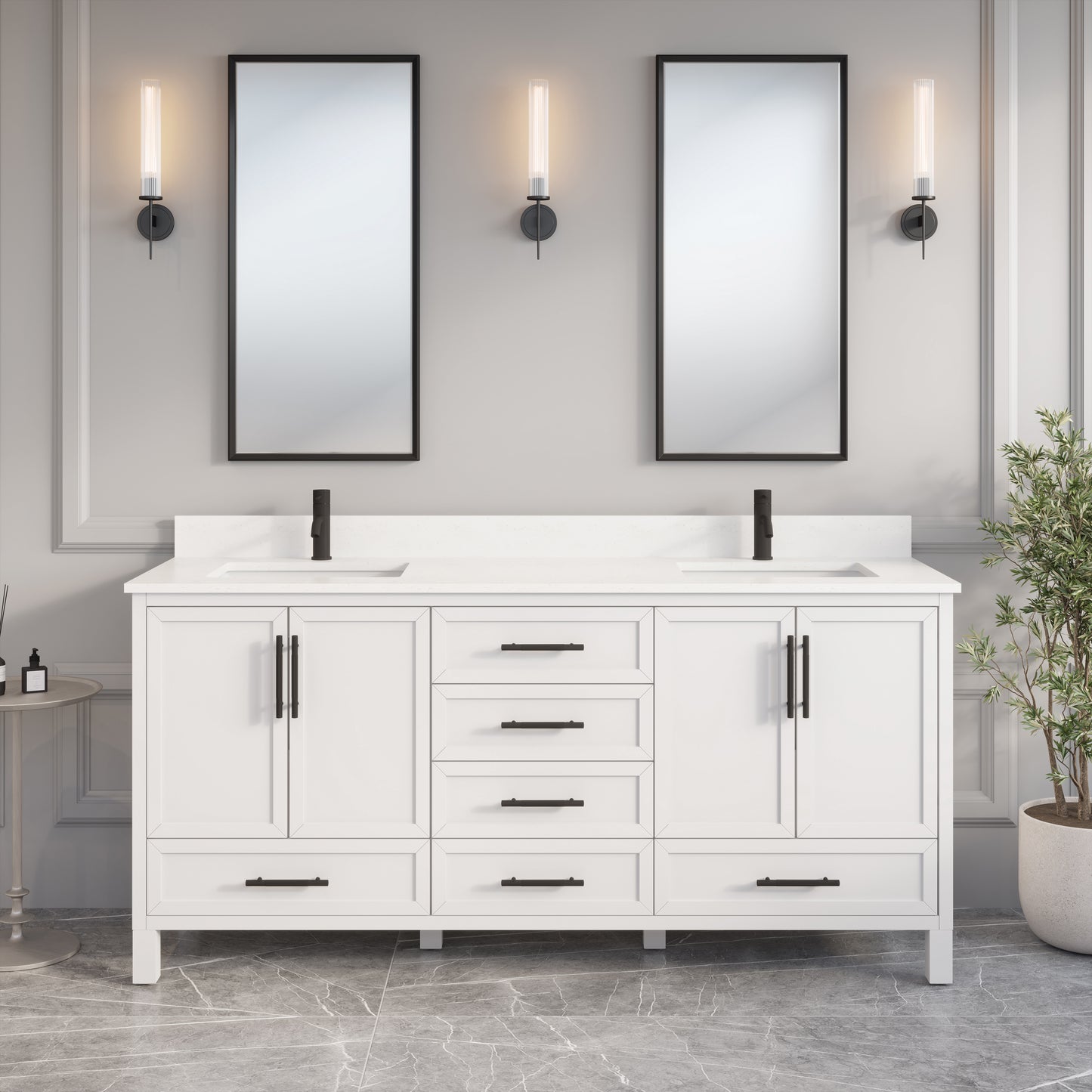 Houston II Bathroom Vanity with Stealth Organizer, Solid Wood Bathroom Cabinet with Engineered Stone Countertop & Backsplash, Soft Closing Door & Drawer, Pre-Assembled