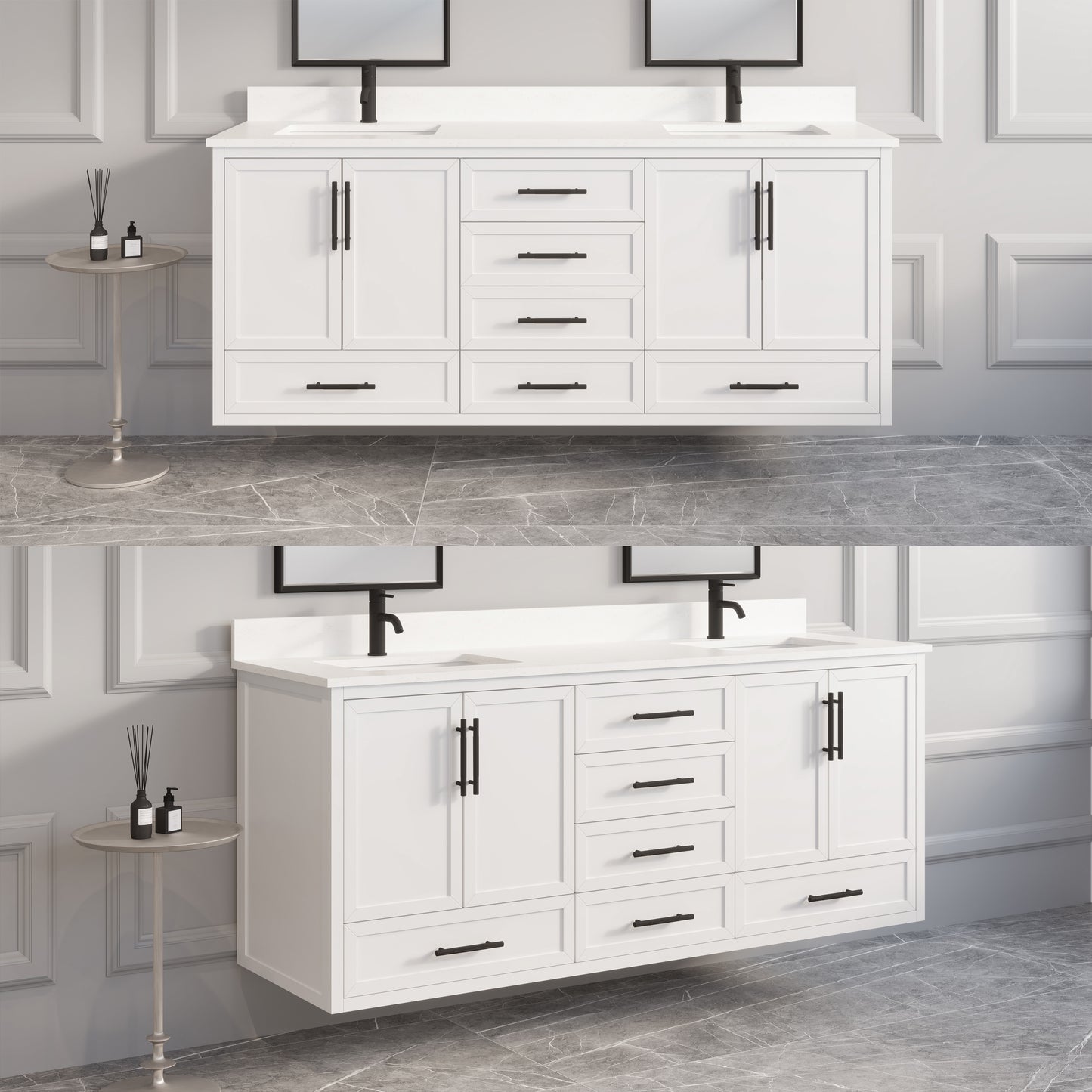 Houston II Bathroom Vanity with Stealth Organizer, Solid Wood Bathroom Cabinet with Engineered Stone Countertop & Backsplash, Soft Closing Door & Drawer, Pre-Assembled