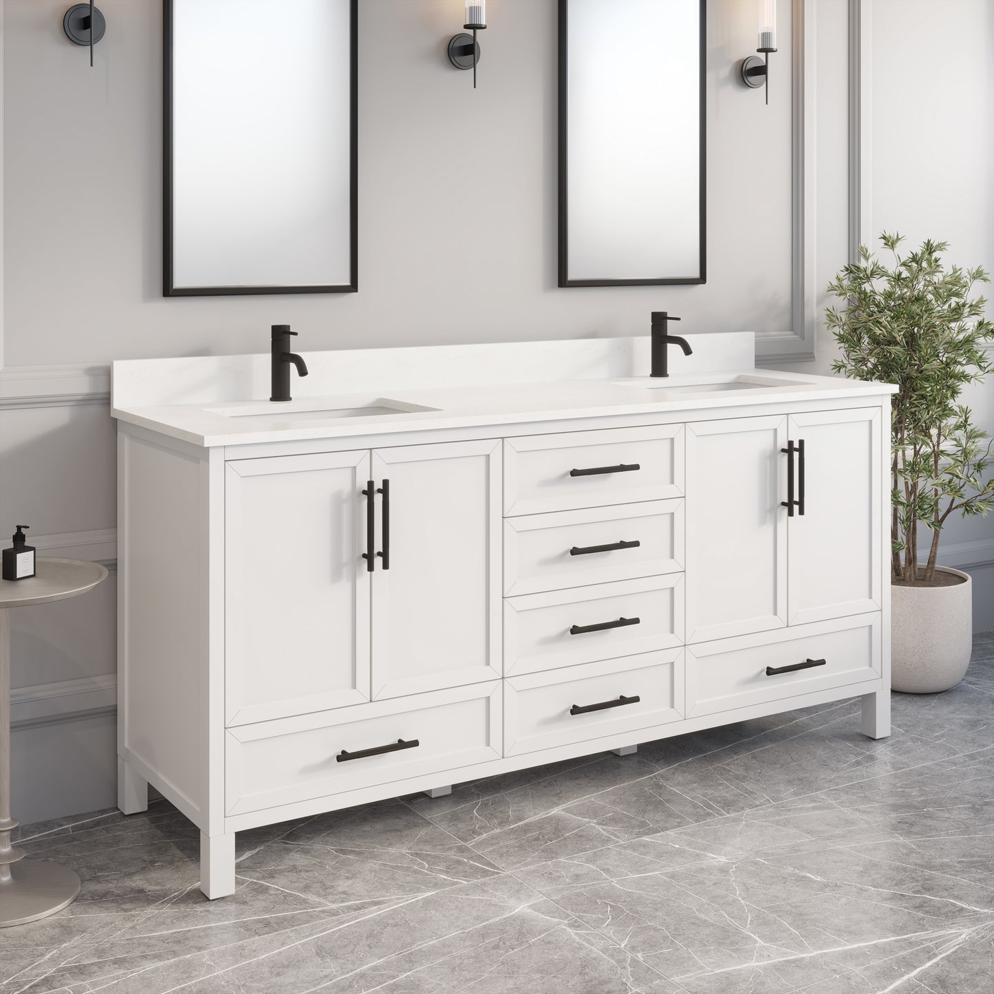 Houston II Bathroom Vanity with Stealth Organizer, Solid Wood Bathroom Cabinet with Engineered Stone Countertop & Backsplash, Soft Closing Door & Drawer, Pre-Assembled