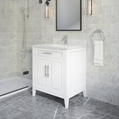 Meuble-lavabo Vance avec multiprise et ports USB, armoire en bois massif, comptoir en quartz Diamond, tiroirs et portes à fermeture amortie, évier en céramique sous plan, préassemblé