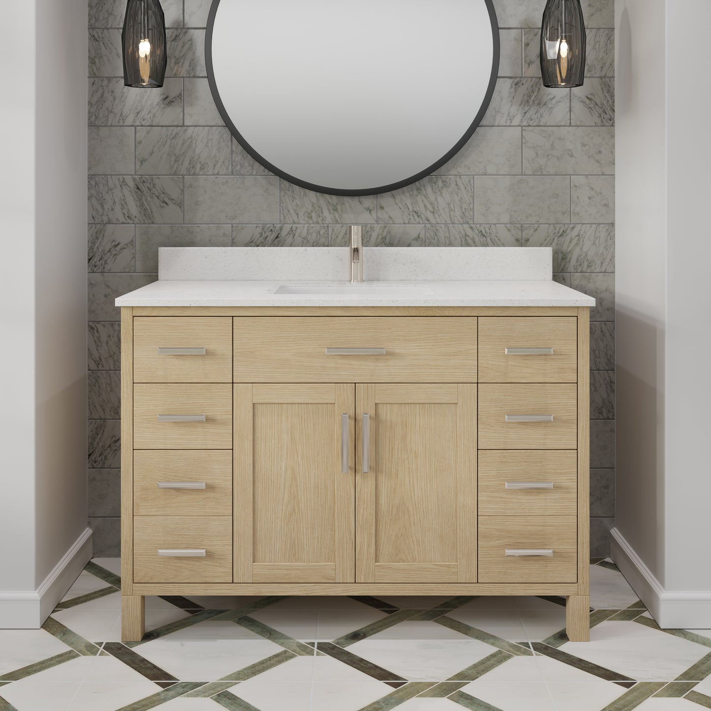 Kali II Single Sink Bathroom Vanity with Stealth Organizer, Solid Wood Bathroom Cabinet with Engineered Stone Countertop & Backspalsh, Soft Closing Door & Drawer, Pre-Assembled