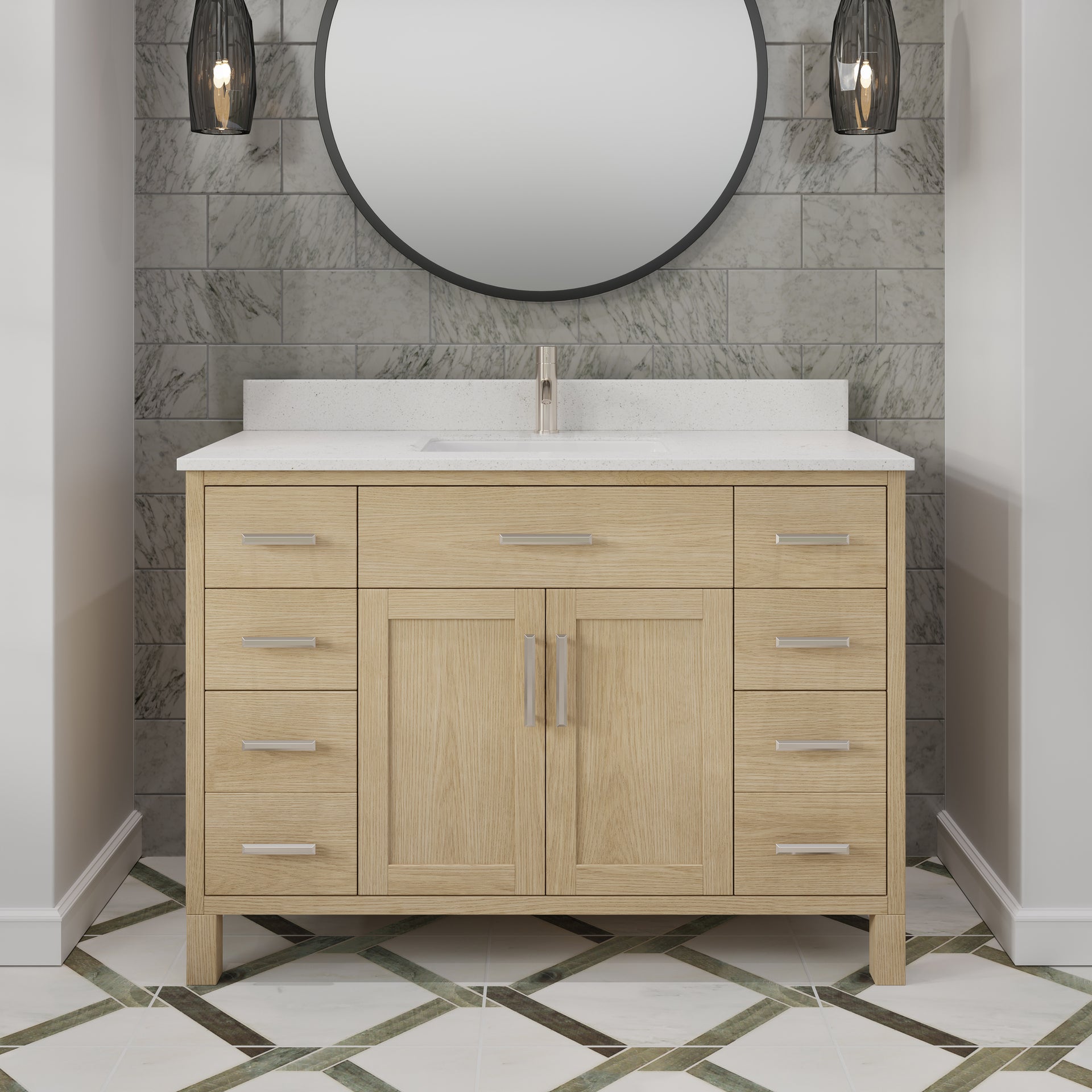 Kali II Single Sink Bathroom Vanity with Stealth Organizer, Solid Wood Bathroom Cabinet with Engineered Stone Countertop & Backspalsh, Soft Closing Door & Drawer, Pre-Assembled