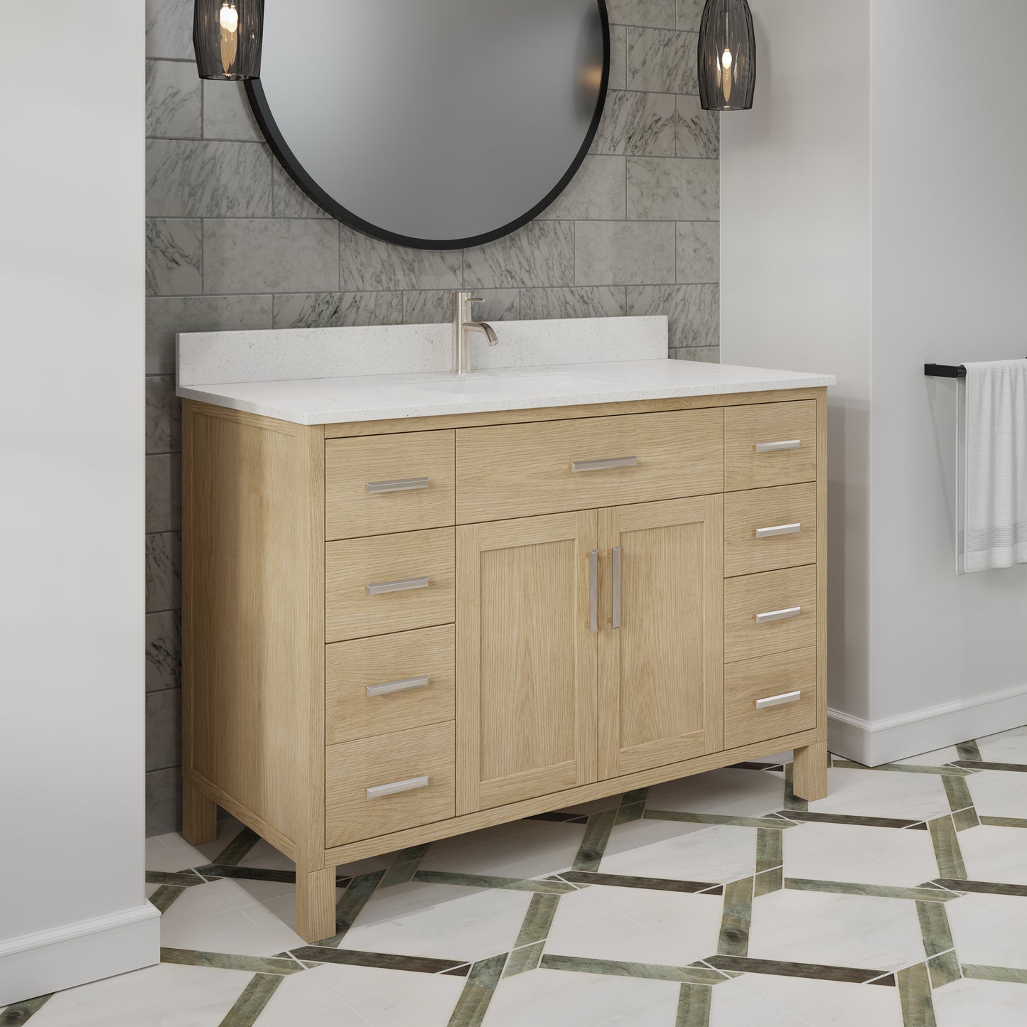 Kali II Single Sink Bathroom Vanity with Stealth Organizer, Solid Wood Bathroom Cabinet with Engineered Stone Countertop & Backspalsh, Soft Closing Door & Drawer, Pre-Assembled