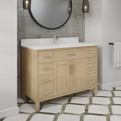 Kali II Single Sink Bathroom Vanity with Stealth Organizer, Solid Wood Bathroom Cabinet with Engineered Stone Countertop & Backspalsh, Soft Closing Door & Drawer, Pre-Assembled