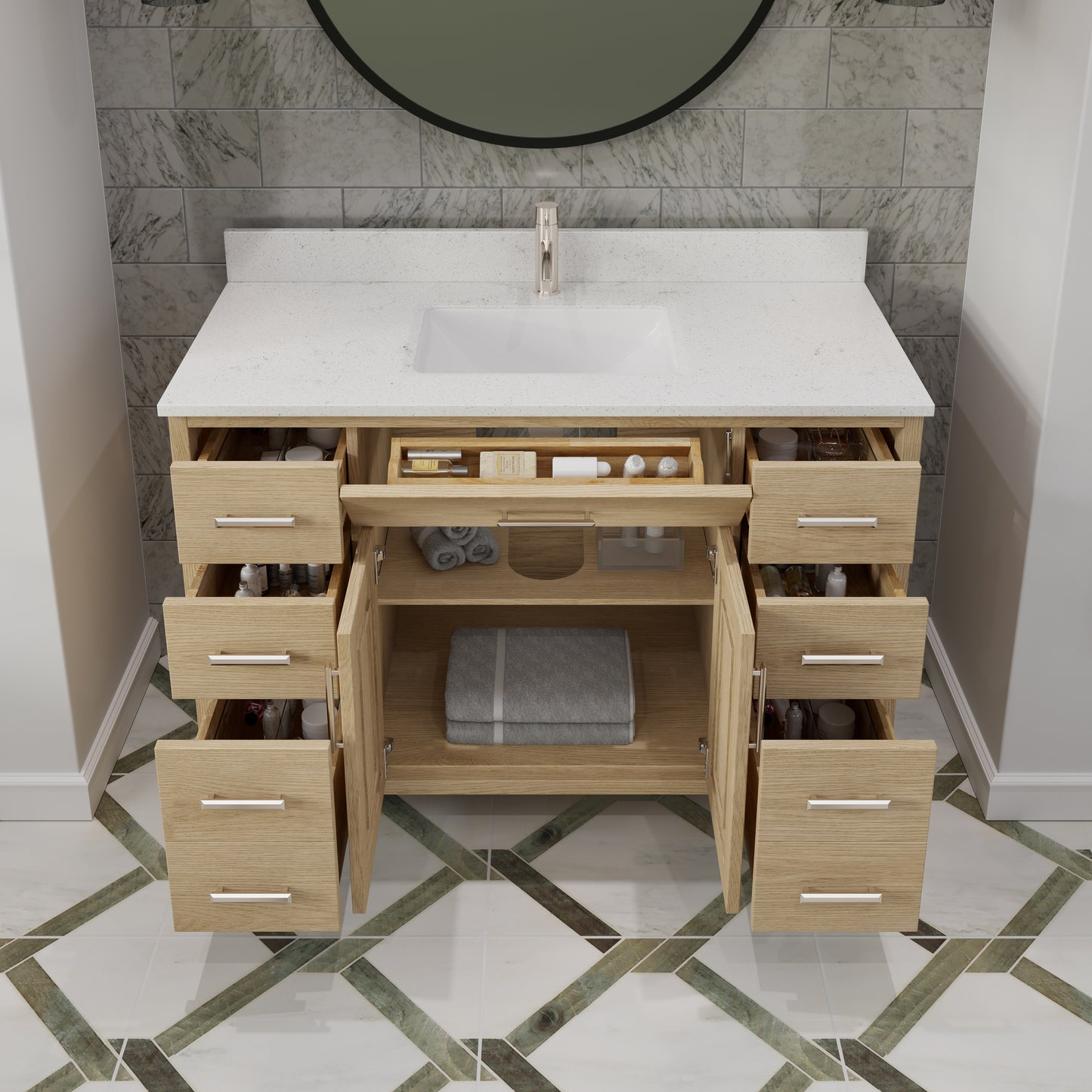 Kali II Single Sink Bathroom Vanity with Stealth Organizer, Solid Wood Bathroom Cabinet with Engineered Stone Countertop & Backspalsh, Soft Closing Door & Drawer, Pre-Assembled