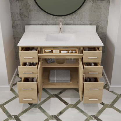 Kali II Single Sink Bathroom Vanity with Stealth Organizer, Solid Wood Bathroom Cabinet with Engineered Stone Countertop & Backspalsh, Soft Closing Door & Drawer, Pre-Assembled