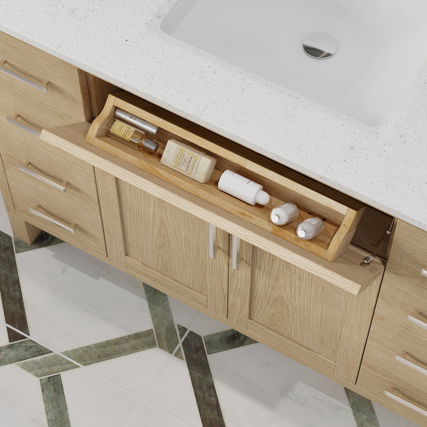 Kali II Single Sink Bathroom Vanity with Stealth Organizer, Solid Wood Bathroom Cabinet with Engineered Stone Countertop & Backspalsh, Soft Closing Door & Drawer, Pre-Assembled