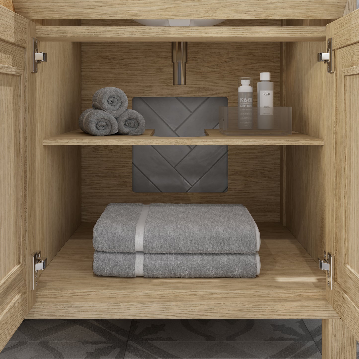 Kali II Single Sink Bathroom Vanity with Stealth Organizer, Solid Wood Bathroom Cabinet with Engineered Stone Countertop & Backspalsh, Soft Closing Door & Drawer, Pre-Assembled