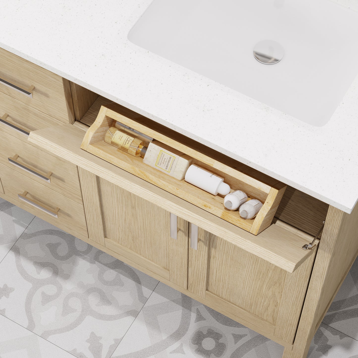 Kali II Single Sink Bathroom Vanity with Stealth Organizer, Solid Wood Bathroom Cabinet with Engineered Stone Countertop & Backspalsh, Soft Closing Door & Drawer, Pre-Assembled