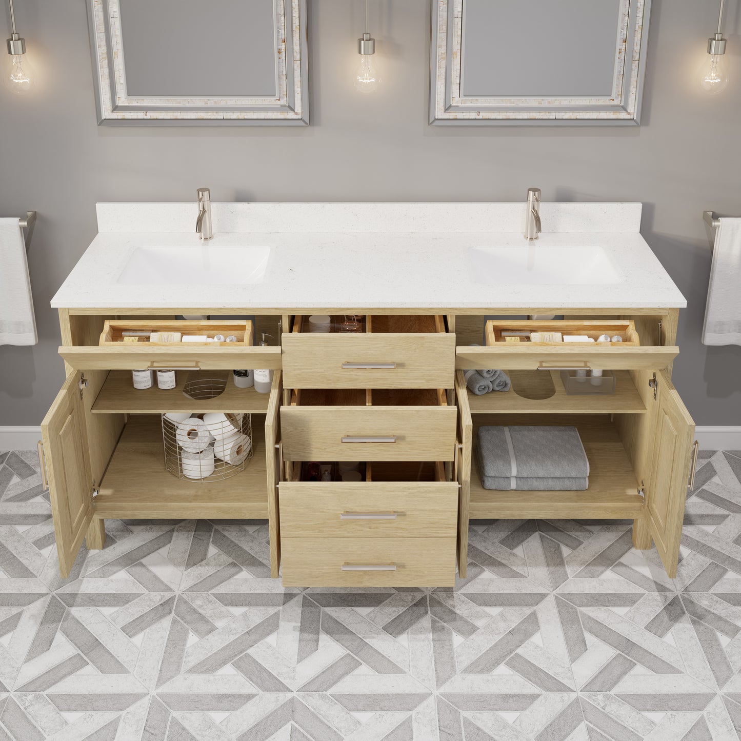 Kali II Single Sink Bathroom Vanity with Stealth Organizer, Solid Wood Bathroom Cabinet with Engineered Stone Countertop & Backspalsh, Soft Closing Door & Drawer, Pre-Assembled