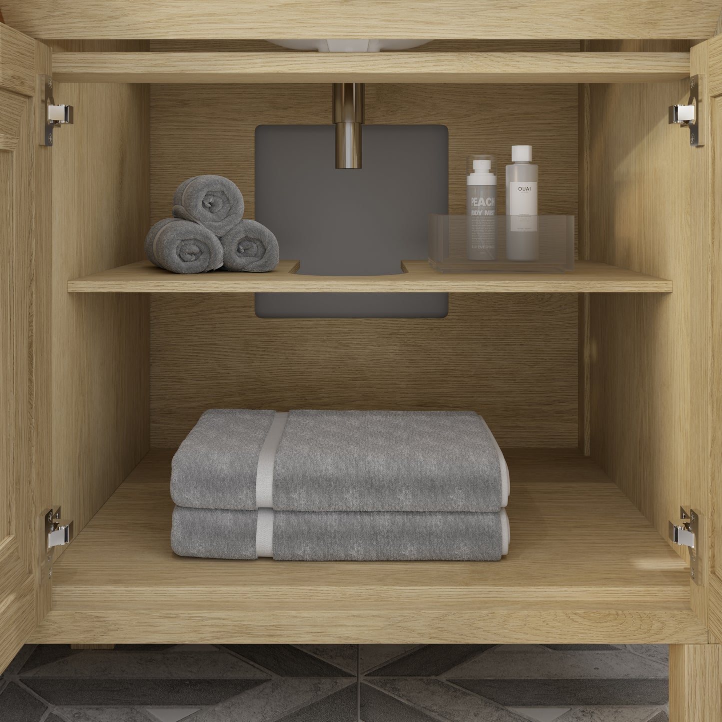 Kali II Single Sink Bathroom Vanity with Stealth Organizer, Solid Wood Bathroom Cabinet with Engineered Stone Countertop & Backspalsh, Soft Closing Door & Drawer, Pre-Assembled