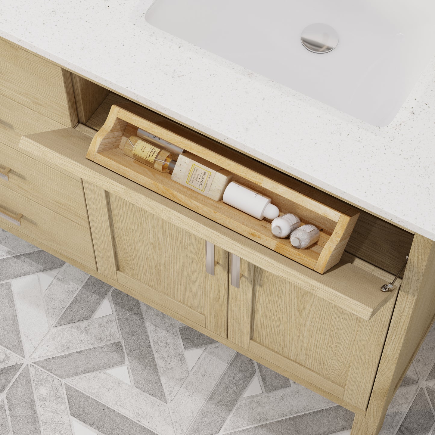 Kali II Single Sink Bathroom Vanity with Stealth Organizer, Solid Wood Bathroom Cabinet with Engineered Stone Countertop & Backspalsh, Soft Closing Door & Drawer, Pre-Assembled