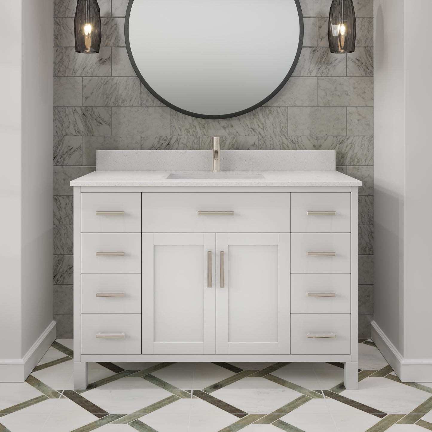 Kali II Single Sink Bathroom Vanity with Stealth Organizer, Solid Wood Bathroom Cabinet with Engineered Stone Countertop & Backspalsh, Soft Closing Door & Drawer, Pre-Assembled