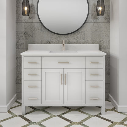 Kali II Single Sink Bathroom Vanity with Stealth Organizer, Solid Wood Bathroom Cabinet with Engineered Stone Countertop & Backspalsh, Soft Closing Door & Drawer, Pre-Assembled