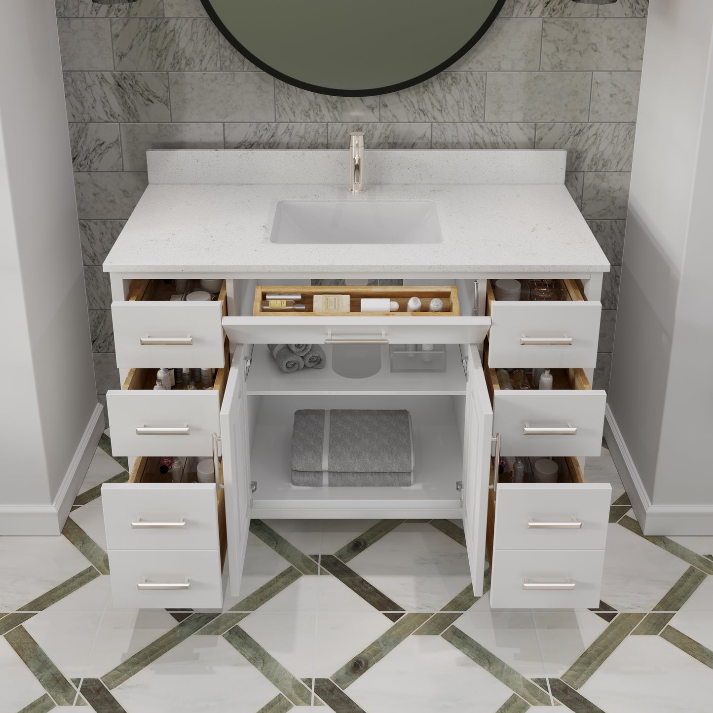 Kali II Single Sink Bathroom Vanity with Stealth Organizer, Solid Wood Bathroom Cabinet with Engineered Stone Countertop & Backspalsh, Soft Closing Door & Drawer, Pre-Assembled