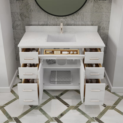 Kali II Single Sink Bathroom Vanity with Stealth Organizer, Solid Wood Bathroom Cabinet with Engineered Stone Countertop & Backspalsh, Soft Closing Door & Drawer, Pre-Assembled