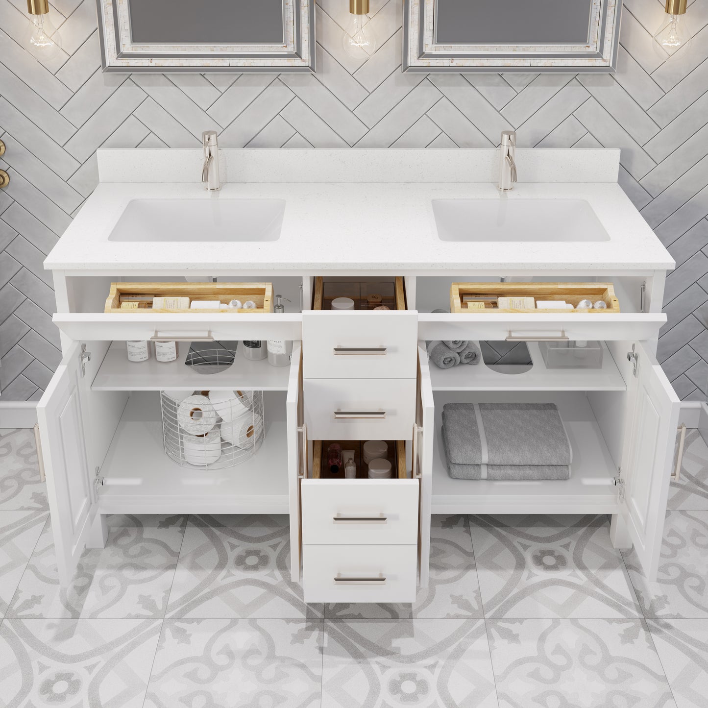 Kali II Single Sink Bathroom Vanity with Stealth Organizer, Solid Wood Bathroom Cabinet with Engineered Stone Countertop & Backspalsh, Soft Closing Door & Drawer, Pre-Assembled