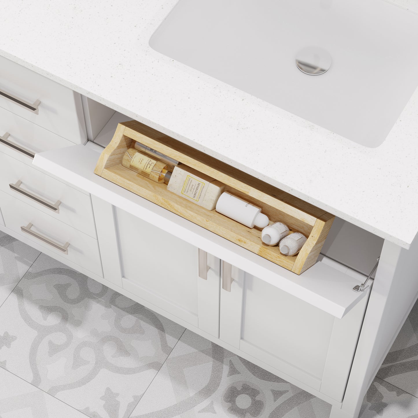 Kali II Single Sink Bathroom Vanity with Stealth Organizer, Solid Wood Bathroom Cabinet with Engineered Stone Countertop & Backspalsh, Soft Closing Door & Drawer, Pre-Assembled