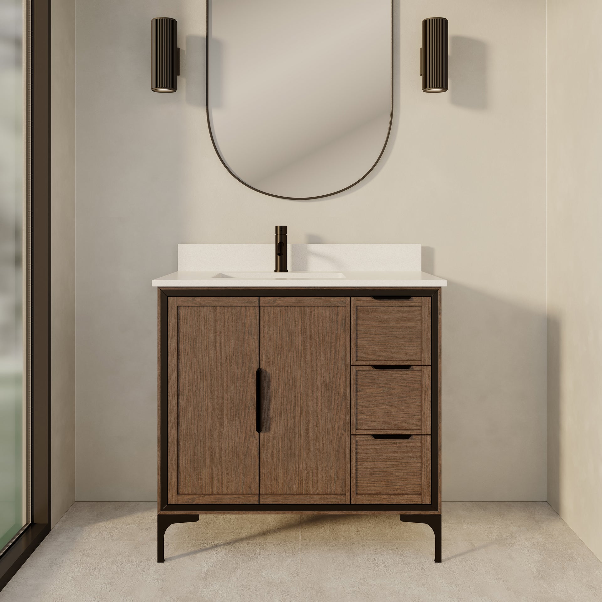 Thayer Single Sink Bathroom Vanity With Stealth Organizer, Solid Wood Bathroom Cabinet with Engineered Stone Countertop & Backspalsh, Soft Closing Door & Drawer, Pre-Assembled