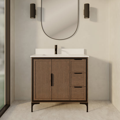 Thayer Single Sink Bathroom Vanity With Stealth Organizer, Solid Wood Bathroom Cabinet with Engineered Stone Countertop & Backspalsh, Soft Closing Door & Drawer, Pre-Assembled