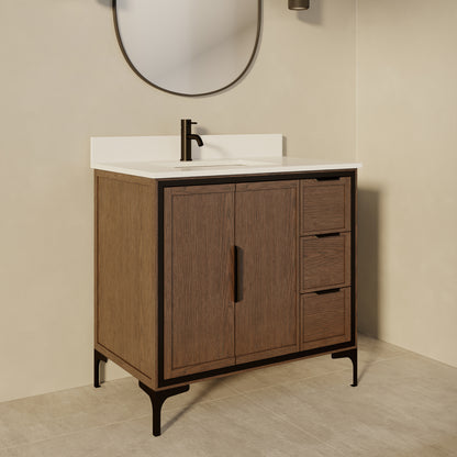 Thayer Single Sink Bathroom Vanity With Stealth Organizer, Solid Wood Bathroom Cabinet with Engineered Stone Countertop & Backspalsh, Soft Closing Door & Drawer, Pre-Assembled