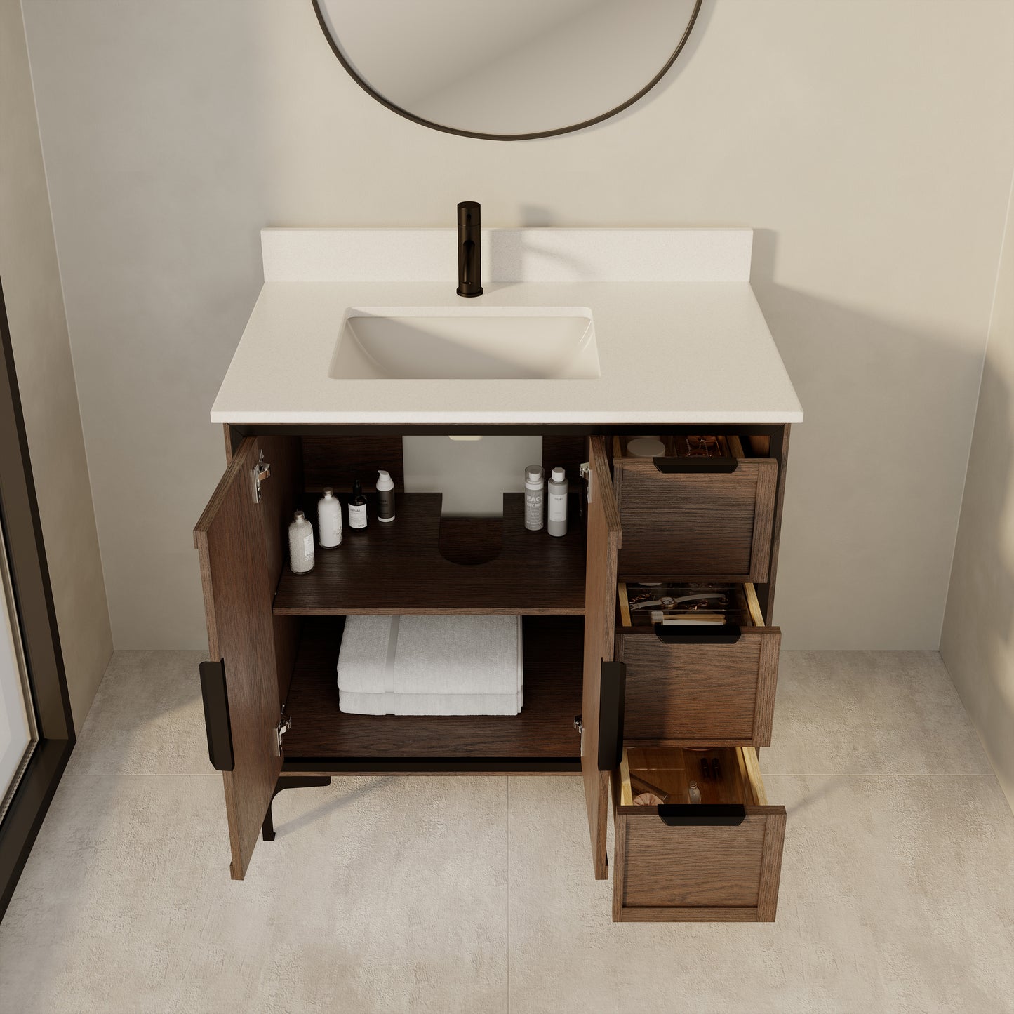 Thayer Single Sink Bathroom Vanity With Stealth Organizer, Solid Wood Bathroom Cabinet with Engineered Stone Countertop & Backspalsh, Soft Closing Door & Drawer, Pre-Assembled