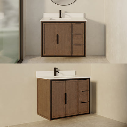 Thayer Single Sink Bathroom Vanity With Stealth Organizer, Solid Wood Bathroom Cabinet with Engineered Stone Countertop & Backspalsh, Soft Closing Door & Drawer, Pre-Assembled