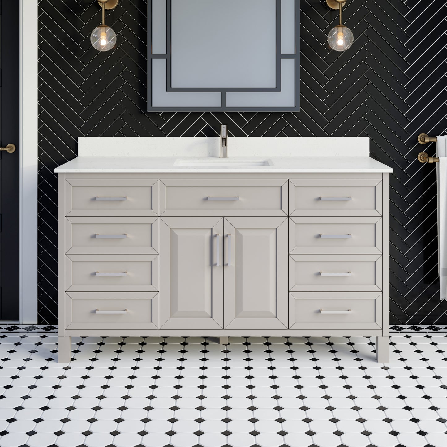 Terrence II Single Sink Bathroom Vanity With Stealth Organizer, Solid Wood Bathroom Cabinet with Engineered Stone Countertop & Backspalsh, Soft Closing Door & Drawer, Pre-Assembled