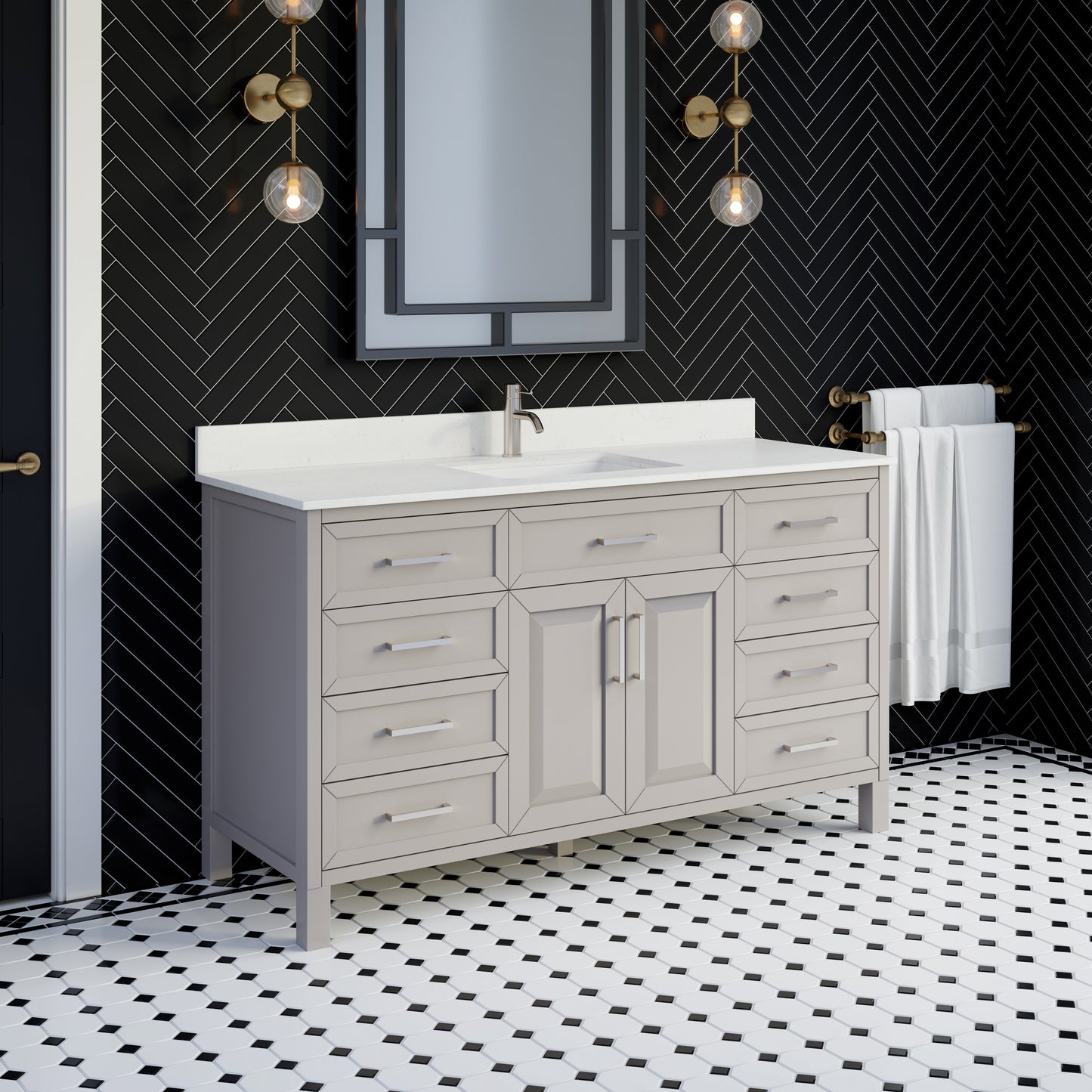 Terrence II Single Sink Bathroom Vanity With Stealth Organizer, Solid Wood Bathroom Cabinet with Engineered Stone Countertop & Backspalsh, Soft Closing Door & Drawer, Pre-Assembled