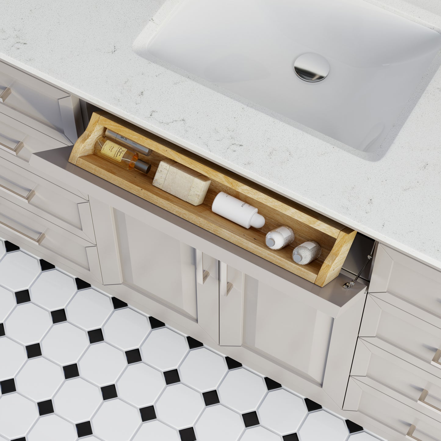 Terrence II Single Sink Bathroom Vanity With Stealth Organizer, Solid Wood Bathroom Cabinet with Engineered Stone Countertop & Backspalsh, Soft Closing Door & Drawer, Pre-Assembled