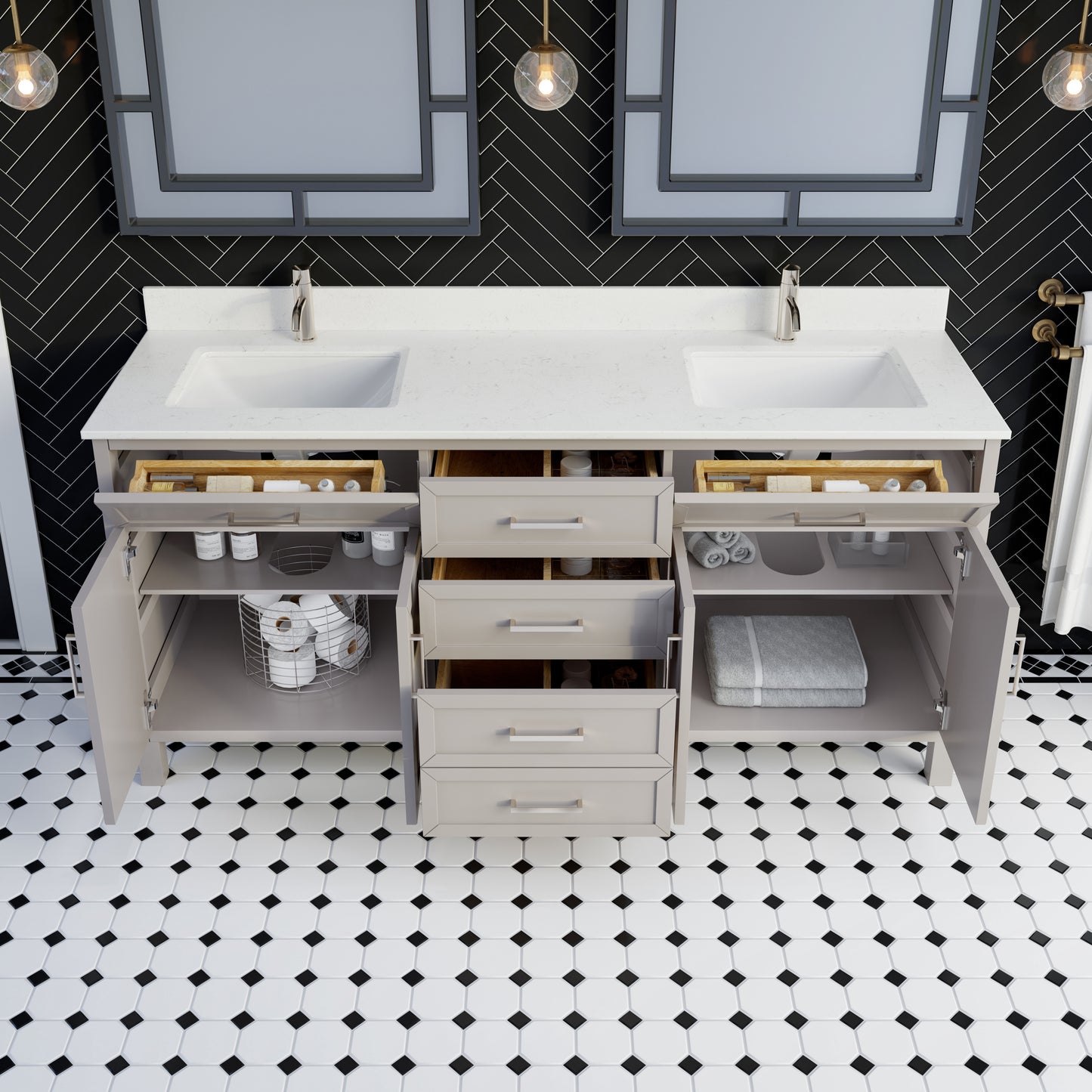 Terrence II Single Sink Bathroom Vanity With Stealth Organizer, Solid Wood Bathroom Cabinet with Engineered Stone Countertop & Backspalsh, Soft Closing Door & Drawer, Pre-Assembled