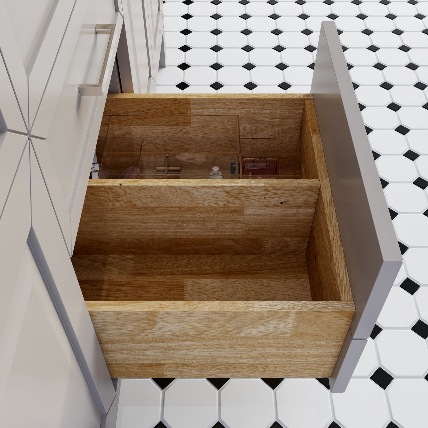 Terrence II Single Sink Bathroom Vanity With Stealth Organizer, Solid Wood Bathroom Cabinet with Engineered Stone Countertop & Backspalsh, Soft Closing Door & Drawer, Pre-Assembled